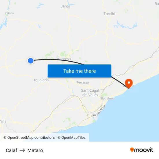 Calaf to Mataró map