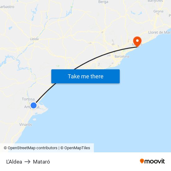 L'Aldea to Mataró map