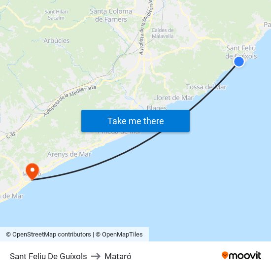 Sant Feliu De Guíxols to Mataró map