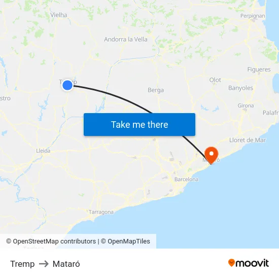 Tremp to Mataró map