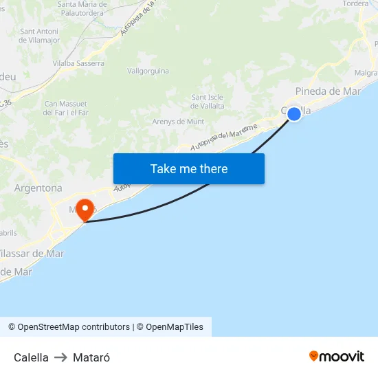 Calella to Mataró map