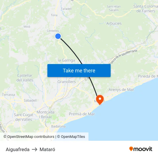 Aiguafreda to Mataró map