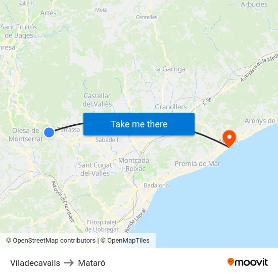 Viladecavalls to Mataró map