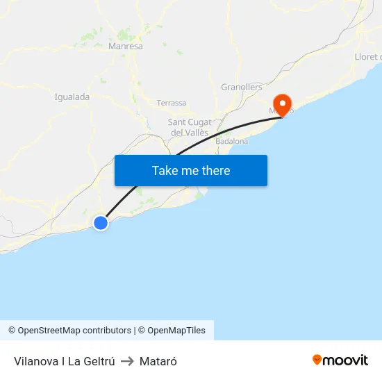 Vilanova I La Geltrú to Mataró map