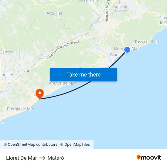 Lloret De Mar to Mataró map
