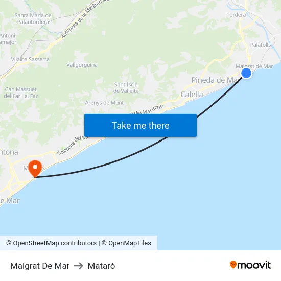 Malgrat De Mar to Mataró map