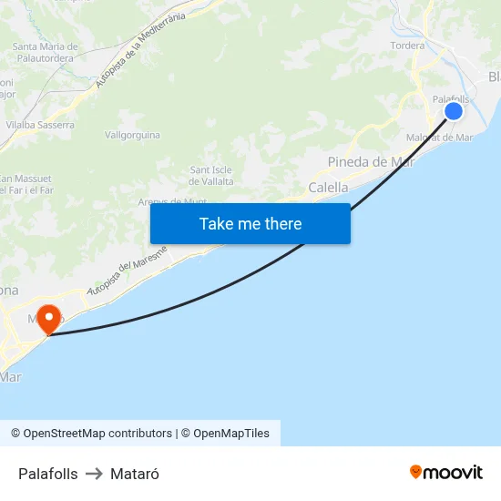 Palafolls to Mataró map