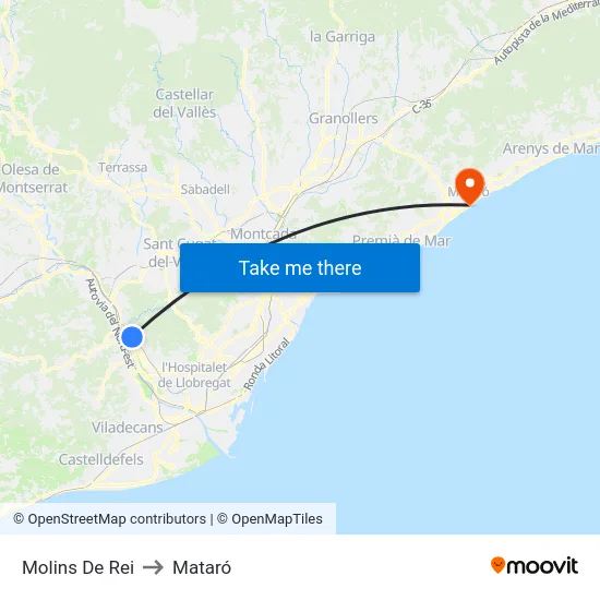 Molins De Rei to Mataró map