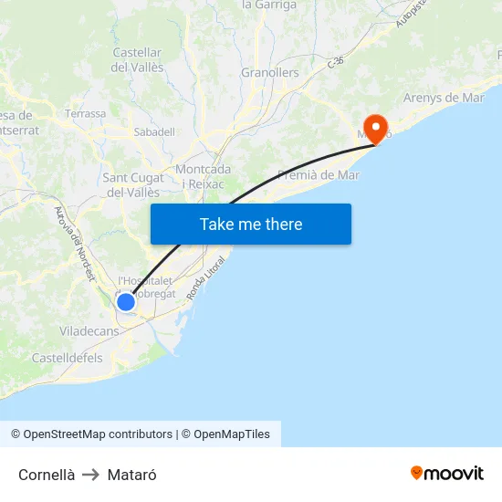 Cornellà to Mataró map