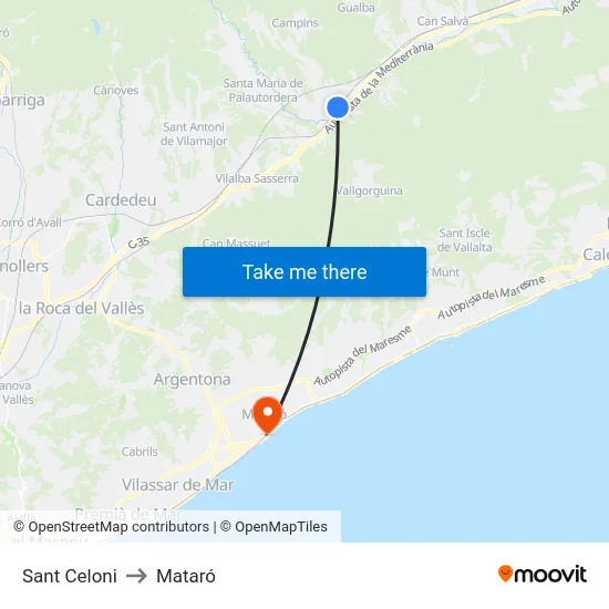 Sant Celoni to Mataró map