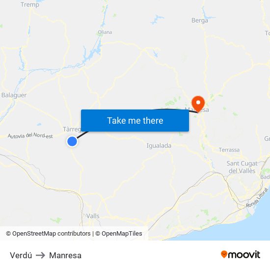 Verdú to Manresa map