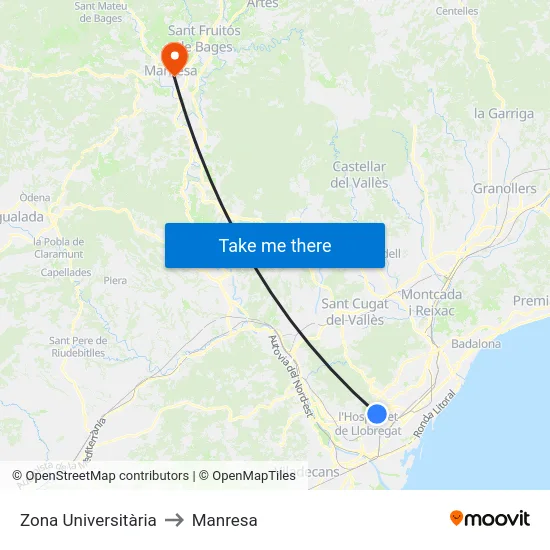 Zona Universitària to Manresa map