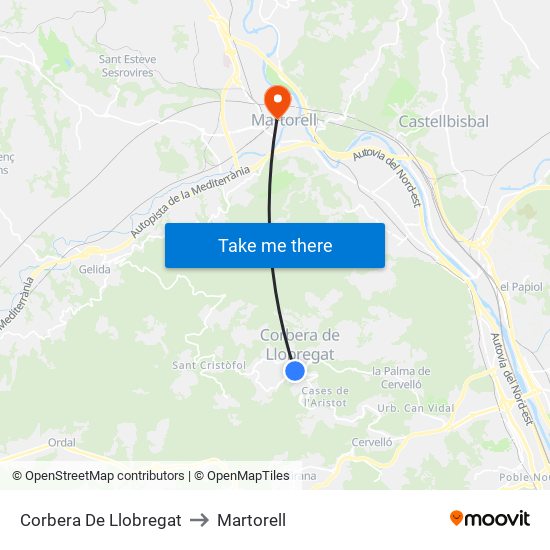 Corbera De Llobregat to Martorell map