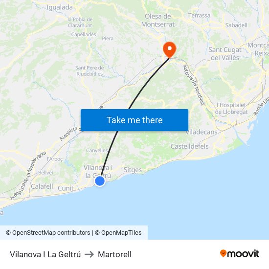 Vilanova I La Geltrú to Martorell map