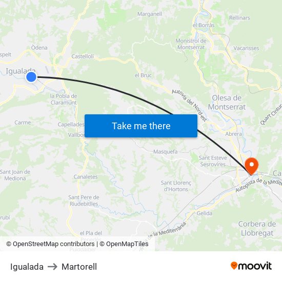 Igualada to Martorell map