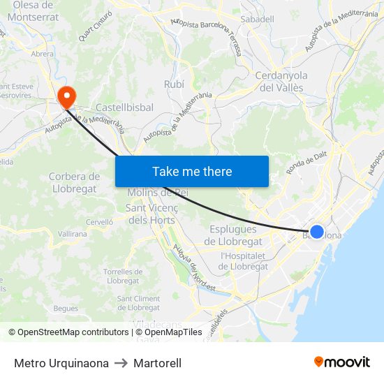 Metro Urquinaona to Martorell map