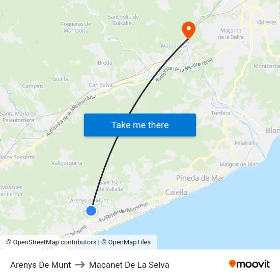Arenys De Munt to Maçanet De La Selva map