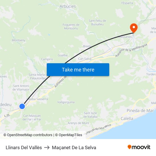 Llinars Del Vallès to Maçanet De La Selva map