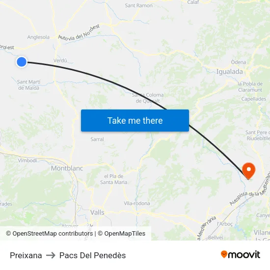 Preixana to Pacs Del Penedès map