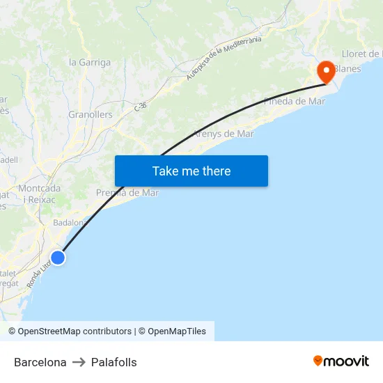 Barcelona to Palafolls map