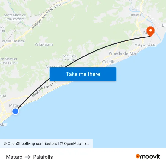 Mataró to Palafolls map