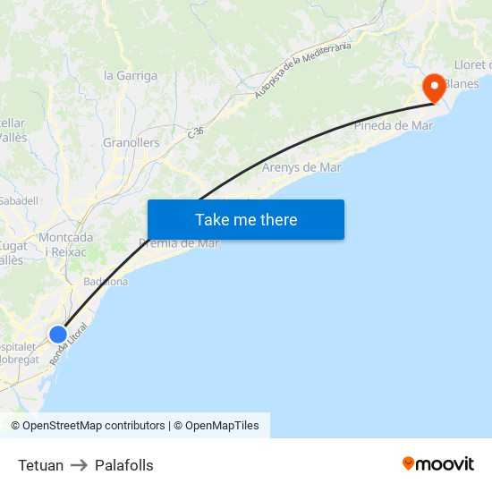 Tetuan to Palafolls map