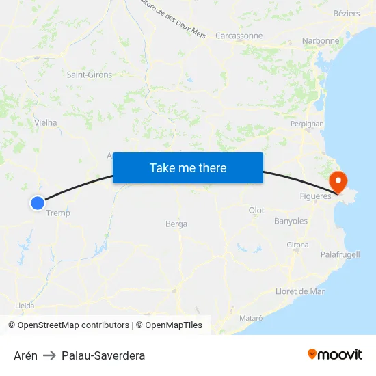 Arén to Palau-Saverdera map