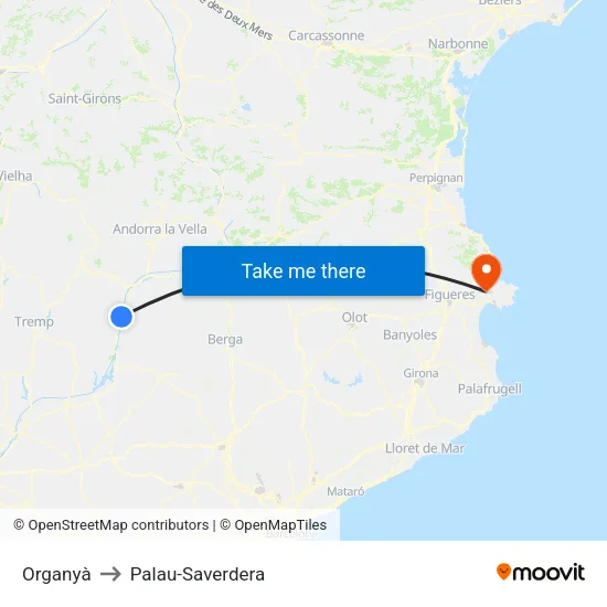 Organyà to Palau-Saverdera map
