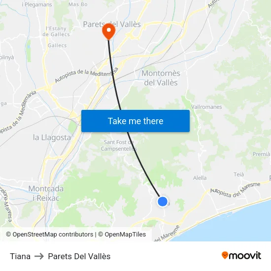 Tiana to Parets Del Vallès map
