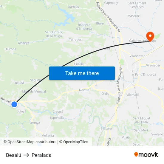 Besalú to Peralada map