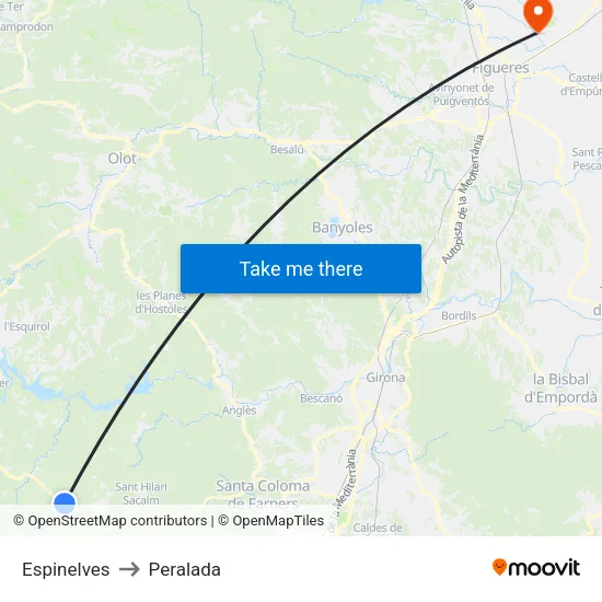 Espinelves to Peralada map