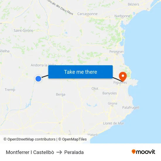 Montferrer I Castellbò to Peralada map