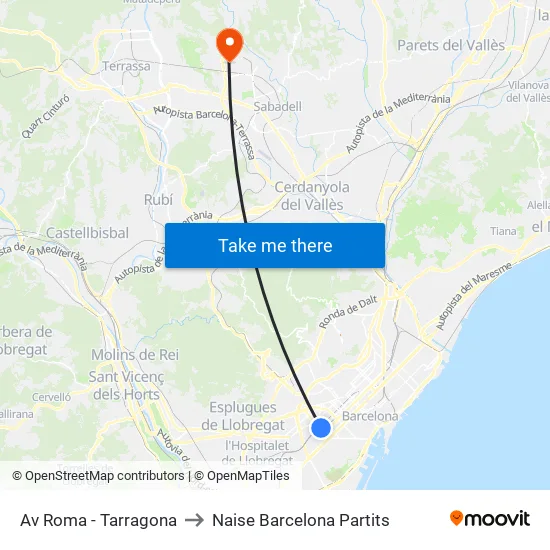 Av Roma - Tarragona to Naise Barcelona Partits map
