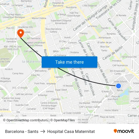 Barcelona - Sants to Hospital Casa Maternitat map