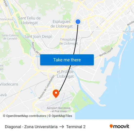 Diagonal - Zona Universitària to Terminal 2 map
