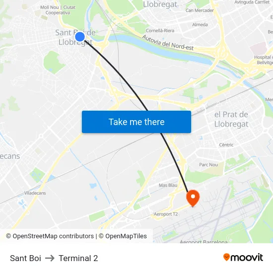 Sant Boi to Terminal 2 map