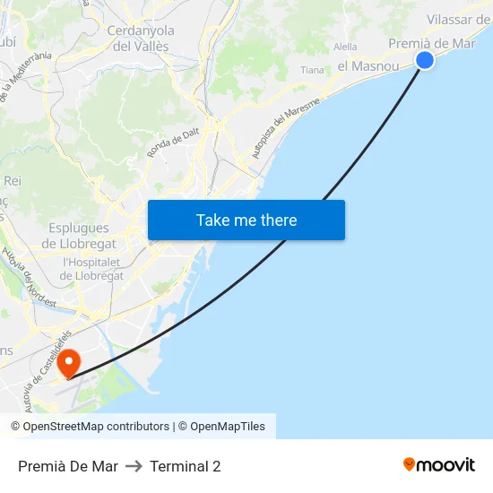 Premià De Mar to Terminal 2 map