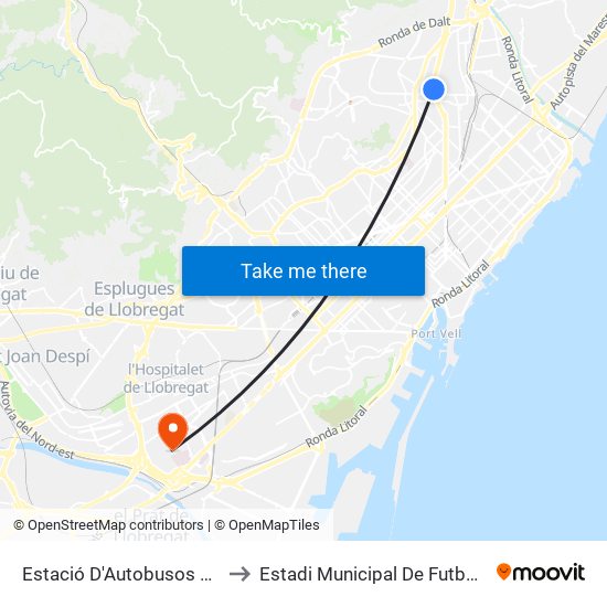 Estació D'Autobusos De Fabra I Puig to Estadi Municipal De Futbol De L'Hospitalet map