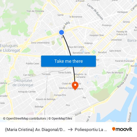 (Maria Cristina) Av. Diagonal/Dr. Ferran to Poliesportiu La Marina map