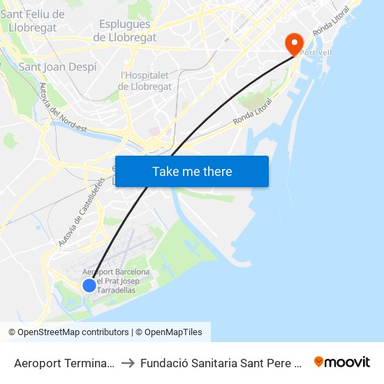 Aeroport Terminal T1 to Fundació Sanitaria Sant Pere Claver map