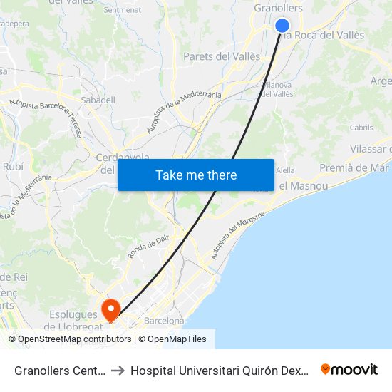 Granollers Centre to Hospital Universitari Quirón Dexeus map
