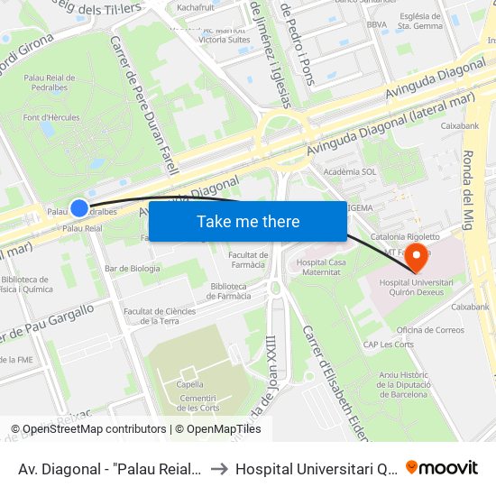 Av. Diagonal - "Palau Reial De Pedralbes" to Hospital Universitari Quirón Dexeus map