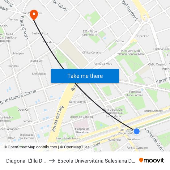 Diagonal-L'Illa Diagonal to Escola Universitària Salesiana De Sarrià Euss map