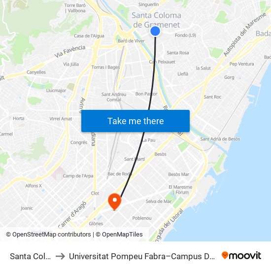 Santa Coloma to Universitat Pompeu Fabra–Campus Del Poblenou map