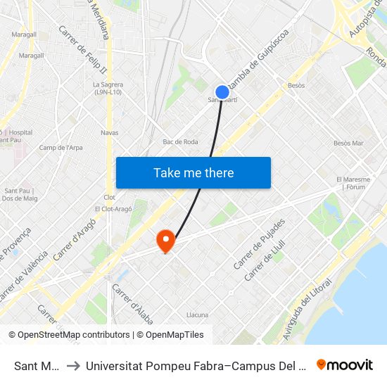 Sant Martí to Universitat Pompeu Fabra–Campus Del Poblenou map