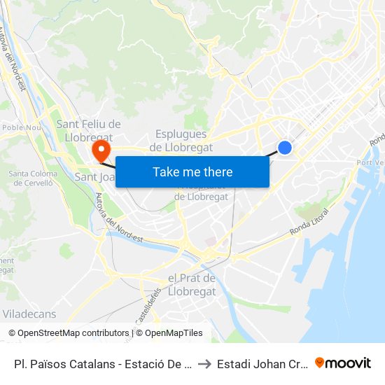 Pl. Països Catalans - Estació De Sants to Estadi Johan Cruyff map