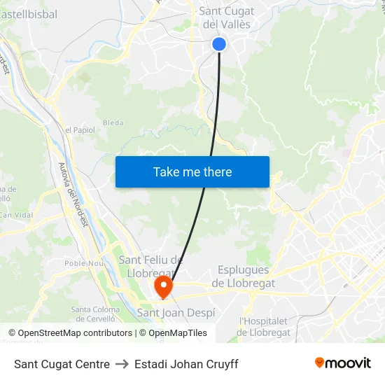 Sant Cugat Centre to Estadi Johan Cruyff map