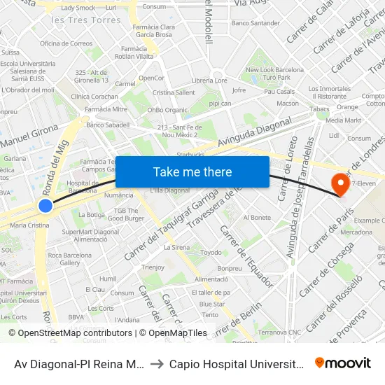 Av Diagonal-Pl Reina Maria Cristina to Capio Hospital Universitari Sagrat Cor map