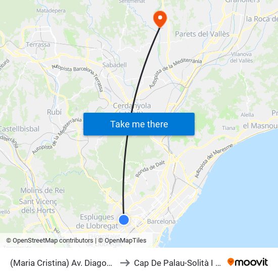 (Maria Cristina) Av. Diagonal/Dr. Ferran to Cap De Palau-Solità I Plegamans map