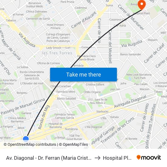 Av. Diagonal - Dr. Ferran (Maria Cristina) to Hospital Plató map